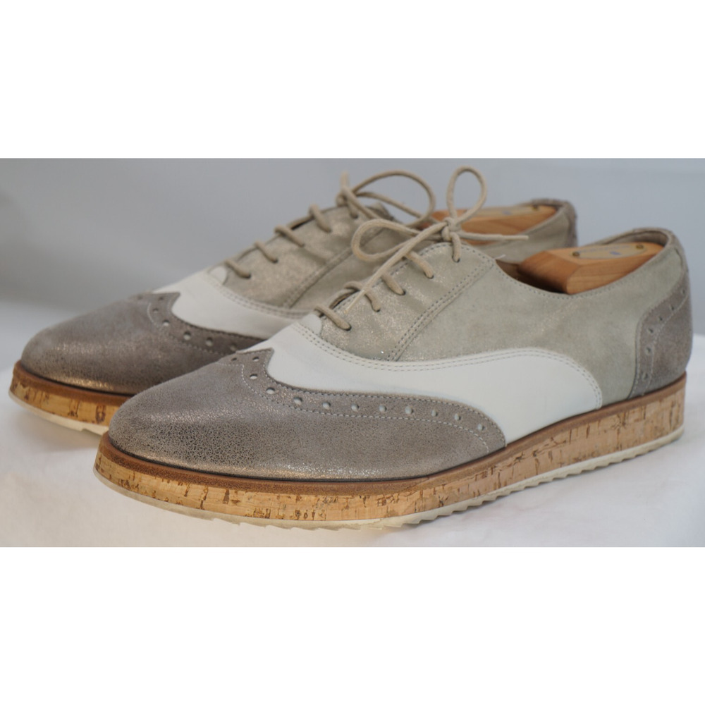 Paul Green Metallic Finish Leather Wingtip Brogue Oxford - Gray Tan White Sz 9 - Picture 2 of 13